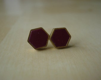 black currant mini brass hexagon stud earrings