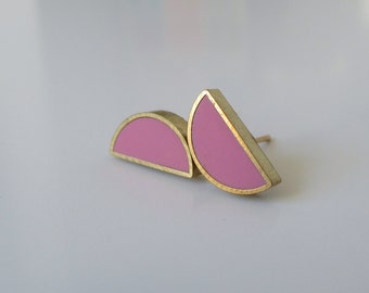 bubble gum pink brass half moon stud earrings