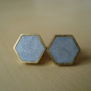 silver shimmer mini brass hexagon stud earrings image 1