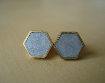 silver shimmer mini brass hexagon stud earrings