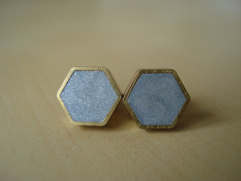 silver shimmer mini brass hexagon stud earrings image 1