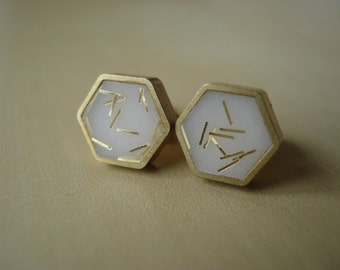 ivory with gold glitter sprinkles - mini brass hexagon stud earrings