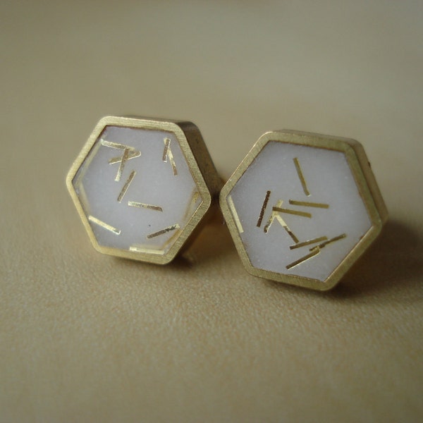 ivory with gold glitter sprinkles - mini brass hexagon stud earrings