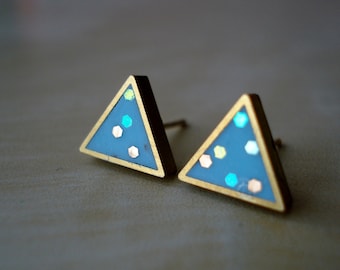 turquoise confetti small brass triangle stud earrings