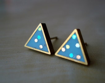 turquoise confetti small brass triangle stud earrings