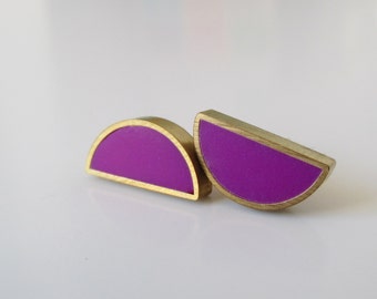 plum purple brass half moon stud earrings