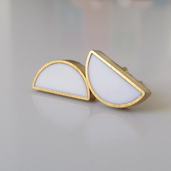 white brass half moon stud earrings