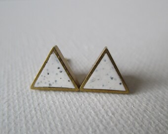 white granite small brass triangle stud earrings