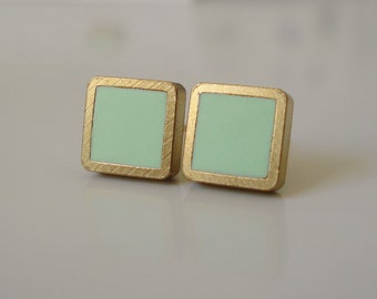 cool mint green brass square stud earrings