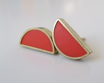 poppy red gold plate half moon stud earrings