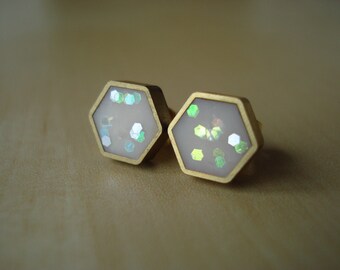 ivory translucent confetti glitter mini brass hexagon stud earrings