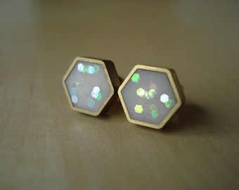 ivory translucent confetti glitter mini brass hexagon stud earrings