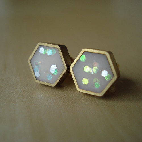 Ivory Translucent Confetti Glitter Mini Brass Hexagon Stud Etsy