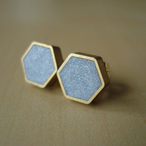 silver shimmer mini brass hexagon stud earrings image 3
