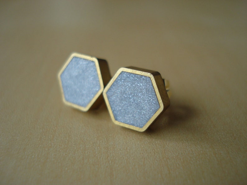 silver shimmer mini brass hexagon stud earrings image 3