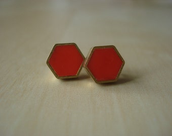 poppy red gold plated hexagon stud earrings