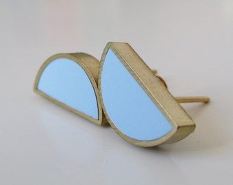 baby blue brass half moon stud earrings