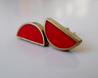 poppy red brass half moon stud earrings