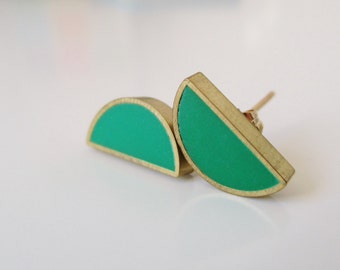 emerald green  brass half moon stud earrings
