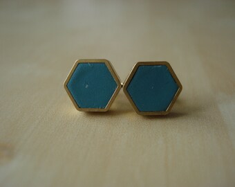 deep green teal mini brass hexagon stud earrings