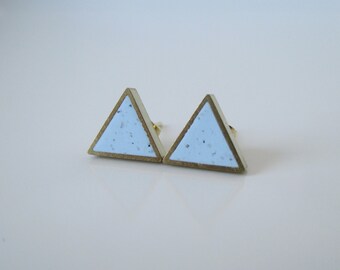 baby blue granite small brass triangle stud earrings