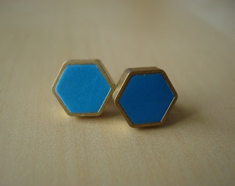 turquoise mini brass hexagon stud earrings