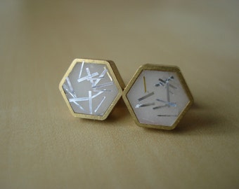 ivory with silver glitter sprinkles - mini brass hexagon stud earrings