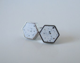 white granite small RHODIUM plate hexagon stud earrings