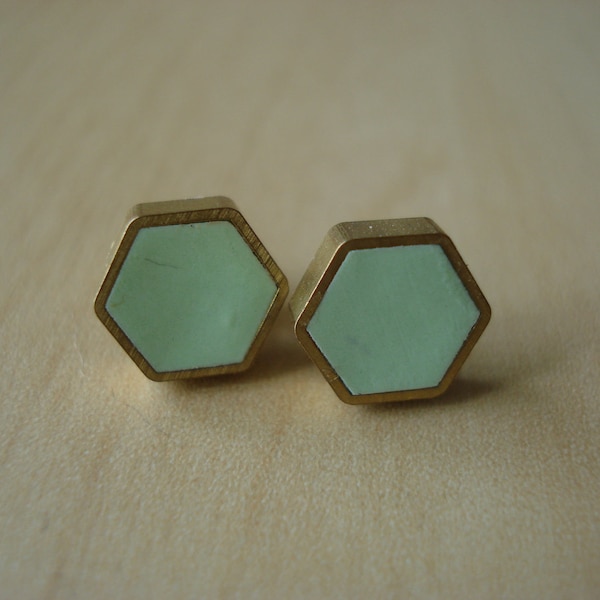 cool mint mini brass hexagon stud earrings
