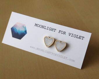 translucent white shimmer gold-plated heart stud earrings - limited quantities