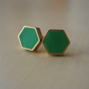kelly green mini brass hexagon stud earrings