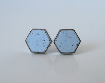 baby blue granite small RHODIUM plate hexagon stud earrings