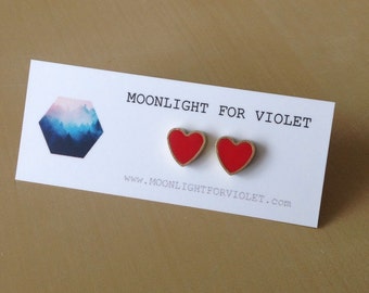 Poppy red brass heart stud earrings - limited quantities