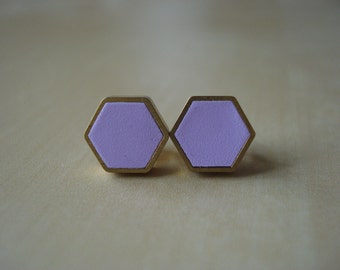 mauve mini brass hexagon stud earrings