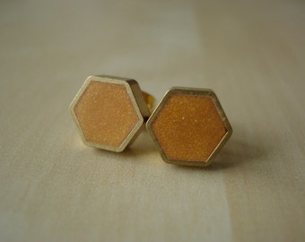 gold shimmer mini brass hexagon stud earrings