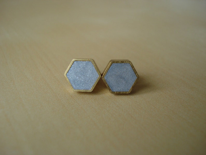 silver shimmer mini brass hexagon stud earrings image 2