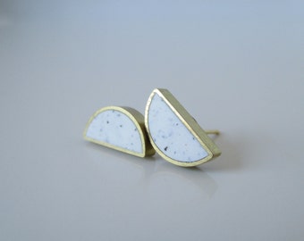 white granite brass half moon stud earrings