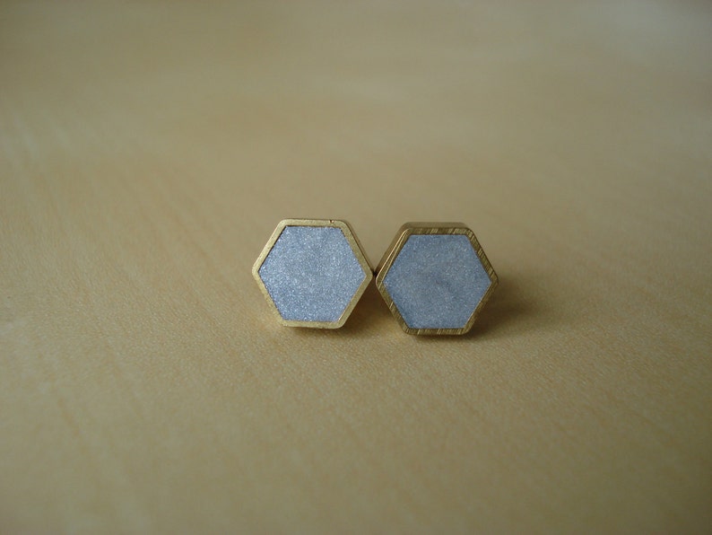 silver shimmer mini brass hexagon stud earrings image 4