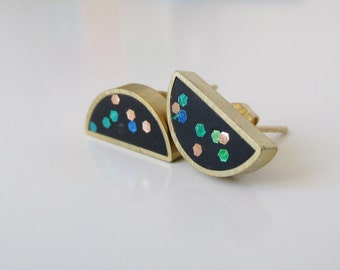 black confetti brass half moon stud earrings