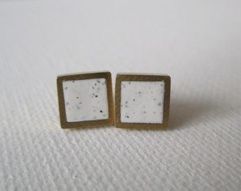 White granite brass square stud earrings
