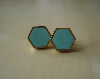 robin&#39;s egg mini brass hexagon stud earrings