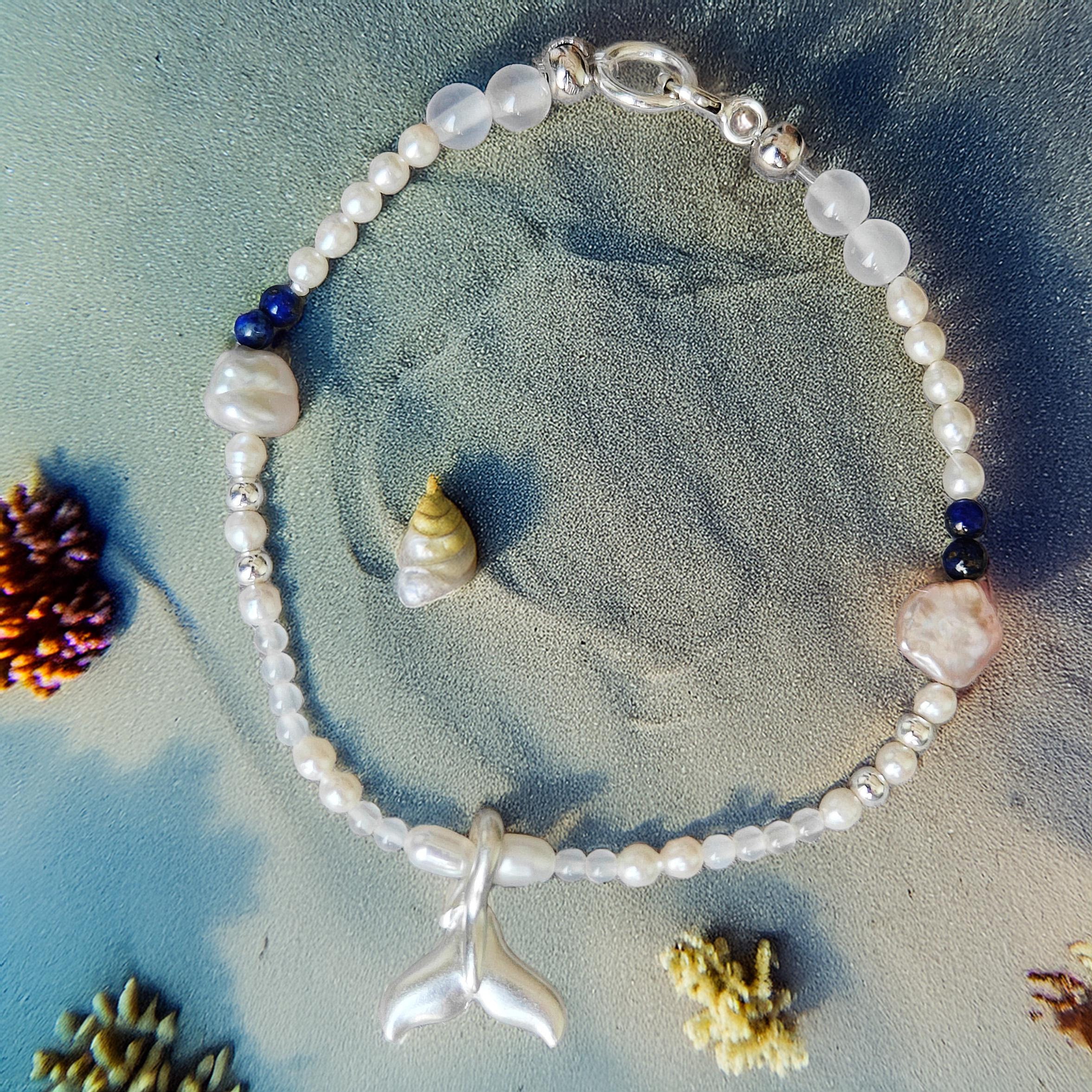 S999 Mermaid Tail Bracelet, Natural Freshwater Pearl, White Agate