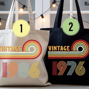 Customizable Vintage 1976-1986 Canvas Tote Bag, 40th 50th Birthday Gift. Year Can Be Customized