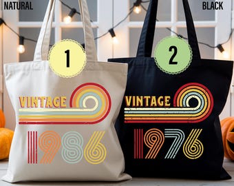 Customizable Vintage 1976-1986 Canvas Tote Bag, 40th 50th Birthday Gift. Year Can Be Customized