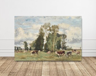 Pastoral Cow Canvas Art, Traditional Countryside Landscape Painting