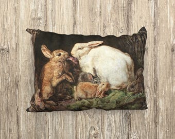 Vintage Bunnies Pillow Cover, French Country Decor, Rustic Bunny Decor