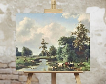 Pastoral Cow Art 14x11 Canvas, Countryside Landscape Painting, Vintage Farmhouse Wall Decor