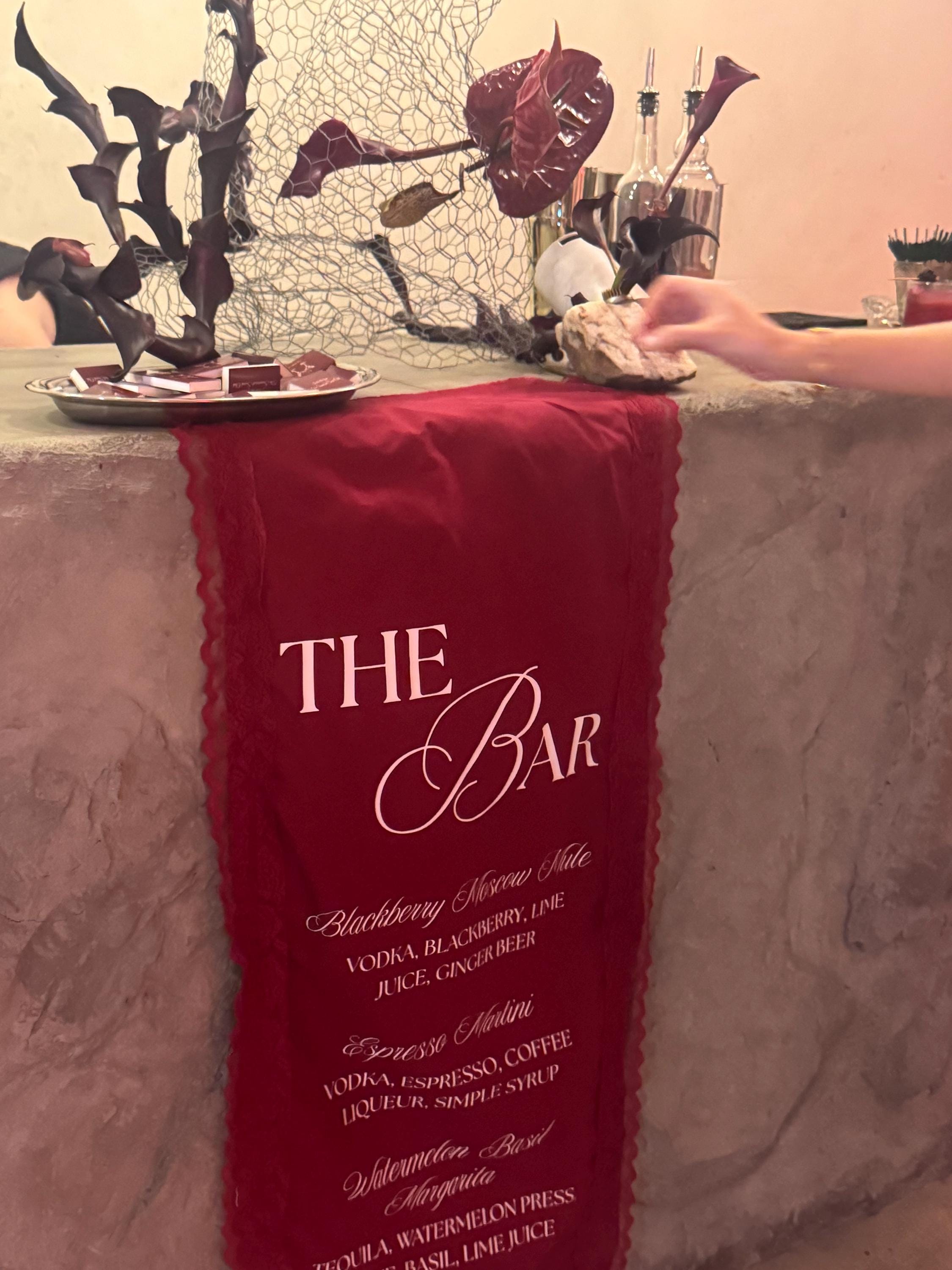 Burgundy Linen Bar Sign With Lace Trim: Custom Wedding, Baby Shower ...