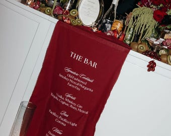 Burgundy Personalized Linen Bar Sign: Wedding Drink Menu, colored bar signs