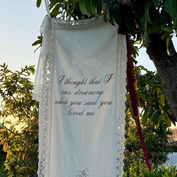 Linen sign with Lace Trim: Custom Wedding, Baby Shower Decor, romantic wedding